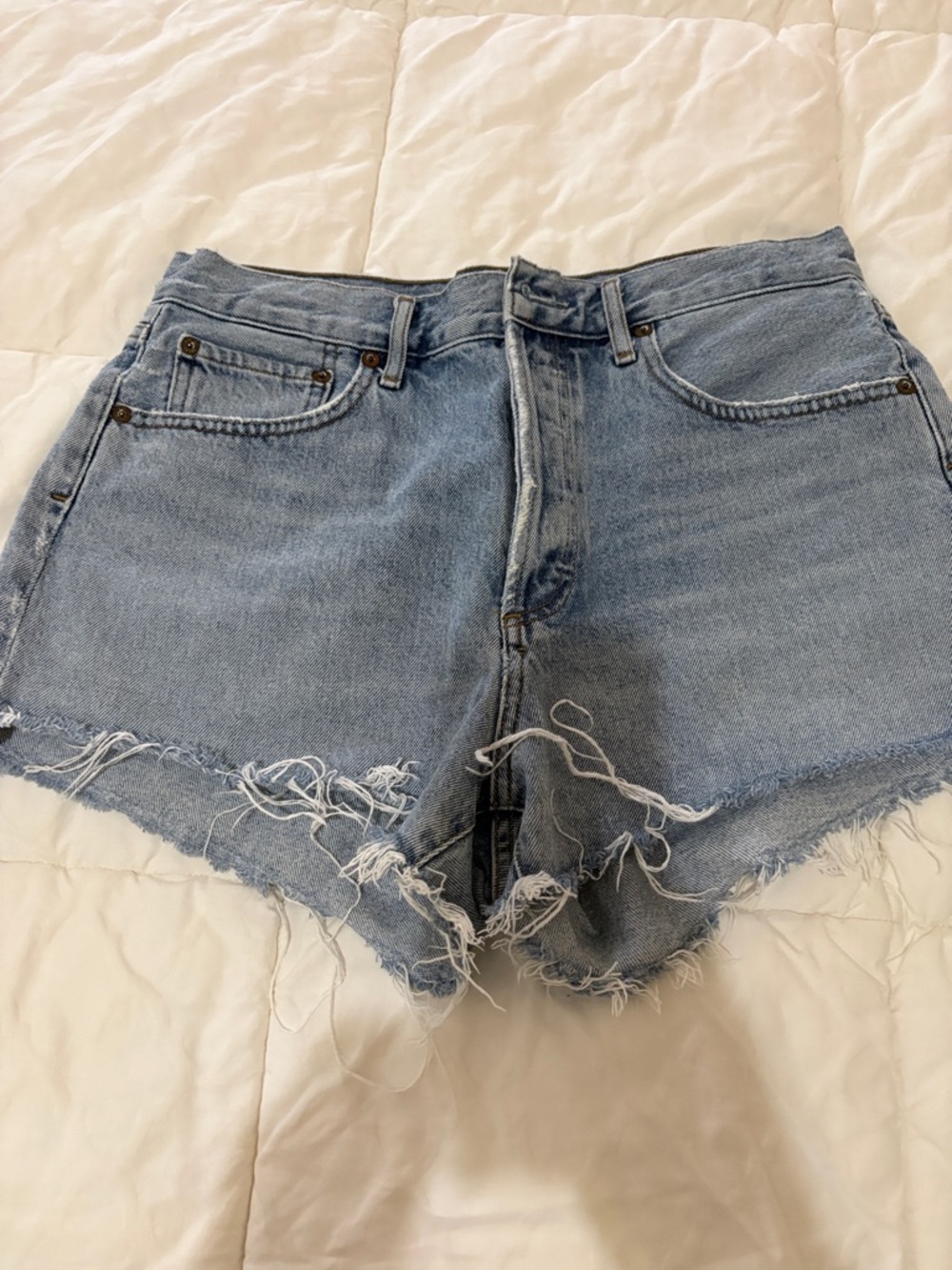Agolde Light Blue Distressed High-Rise Denim Shorts